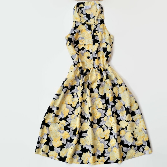 Vintage Linen Yellow Floral Midi Dress - Picture 1 of 14